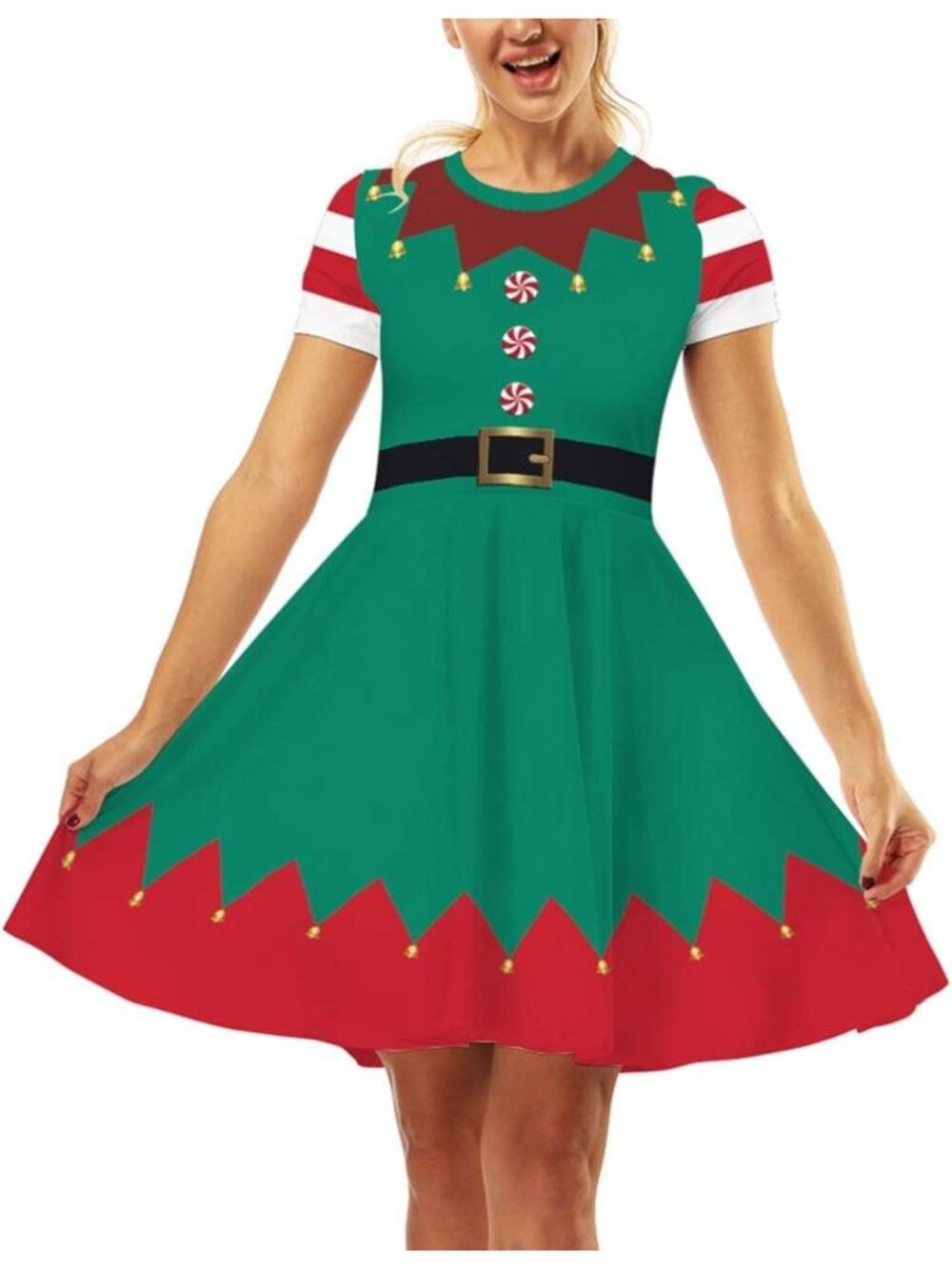 Women's Elf Comfortable Print Holiday Xmas Belt is print Ugly Christmas Dress